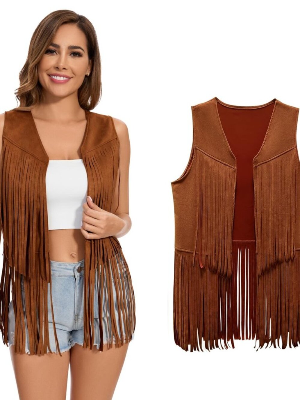 Women's Fringe Vest 60s 70s Hippie Vest Sleeveless Cowgirl Western Faux Suede
